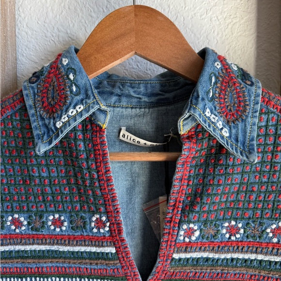 Alice + Olivia Karly Embroidered Denim Babydoll top sz: XS NWT - Picture 10 of 12